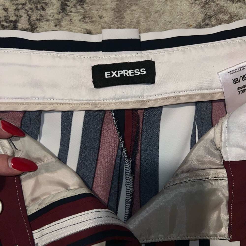 Express Women's Ankle Crop Striped Pants in Navy, White & Burgundy - Picture 6 of 7